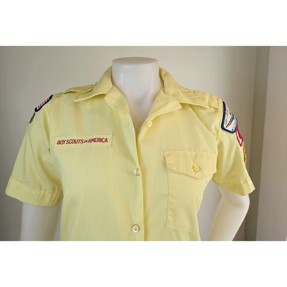 VTG 80s BSA Boy Scouts Womens Den Leader Shirt 8 Yellow Patches Short Sleeve - Picture 2 of 10